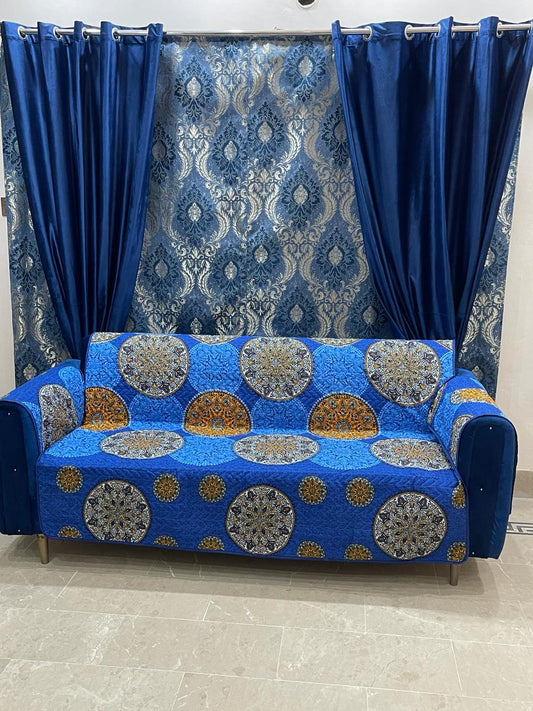 Cotton Quilted Printed Sofa Cover  Blue